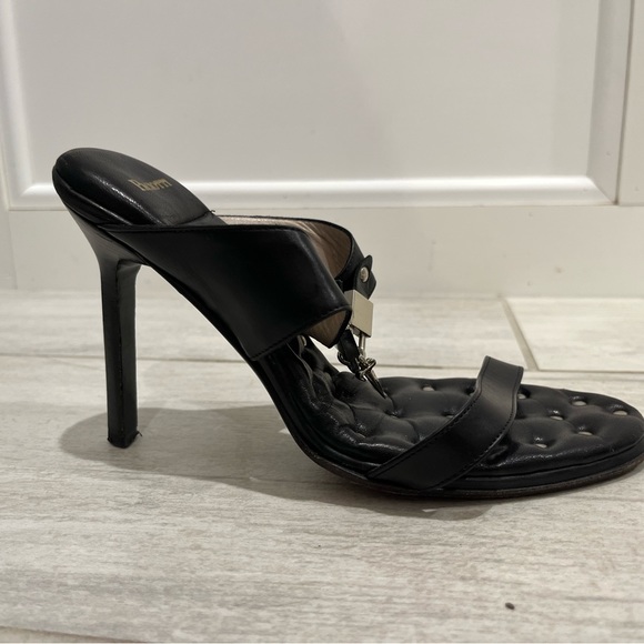 Cesare Paciotti Black Leather 2 Strap Stiletto Heels with Silver Dagger Charm - Picture 5 of 16